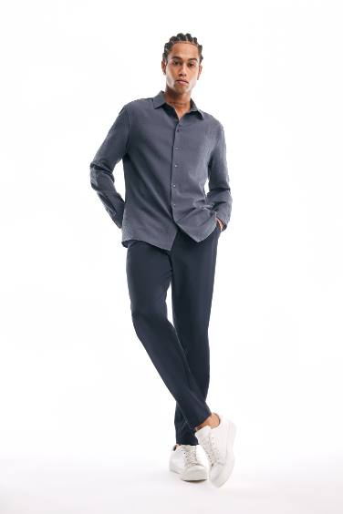 Modern Fit Polo Yaka Dokulu Esnek Kumaş Uzun Kollu Gömlek