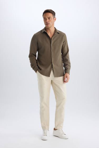 Modern Fit Polo Yaka Dokulu Esnek Kumaş Uzun Kollu Gömlek