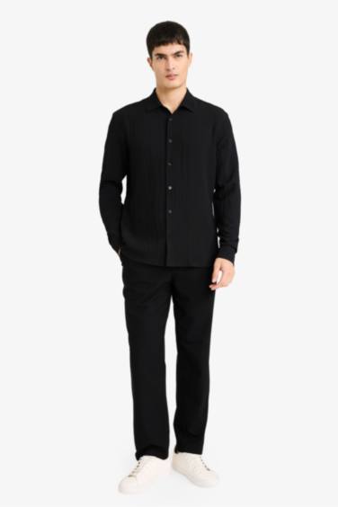 Modern Fit Polo Collar Woven Long Sleeve Shirt