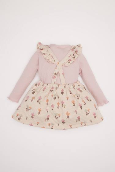 طقم من قطعتين فستان زهري مبطن برقبة مستديرة و بودي سامبل