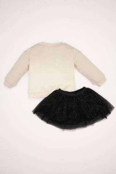 Baby Girl Crew Neck Shiny Printed Sweatshirt Skirt 2 Piece Set