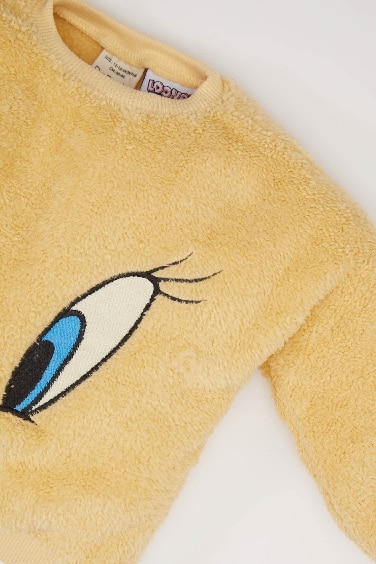 طقم بيجامة بنات من قطيفة برقبة مستديرة من قطعتين