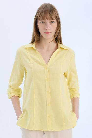 Regular Fit V Neck Linen Blend Long Sleeve Shirt