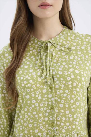 فستان كم طويل مطبوع فيسكوز بياقة مستديرة