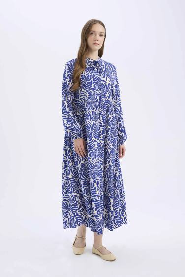 فستان طويل منقوش كم طويل مطبوع فيسكوز بياقة مستديرة