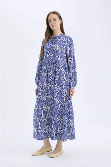 فستان طويل منقوش كم طويل مطبوع فيسكوز بياقة مستديرة