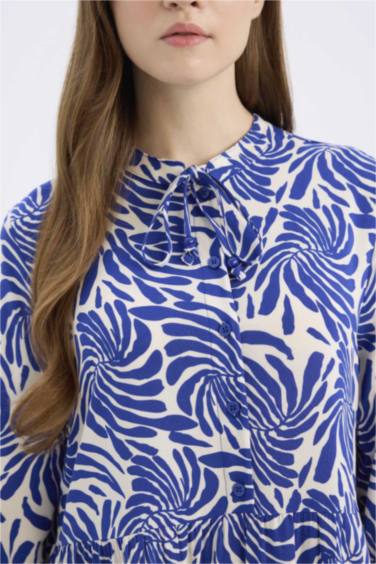 فستان طويل منقوش كم طويل مطبوع فيسكوز بياقة مستديرة