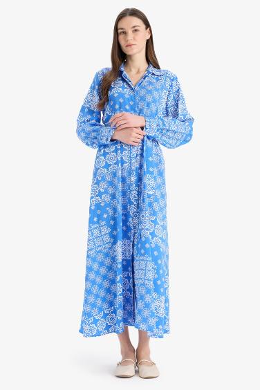 فستان طويل أزرق فيسكوز كم طويل مطبوع وياقة قميص