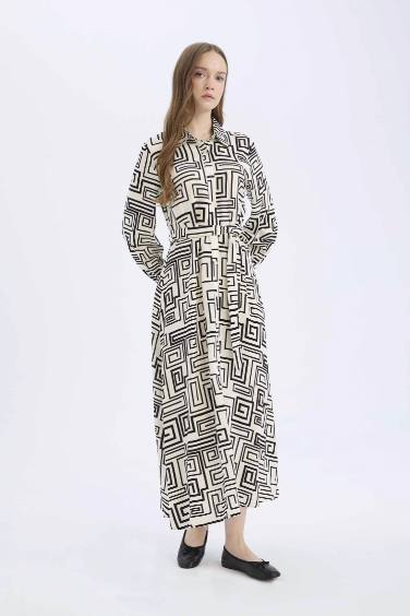 فستان كم طويل مطبوع من فيسكوز برقبة قميص