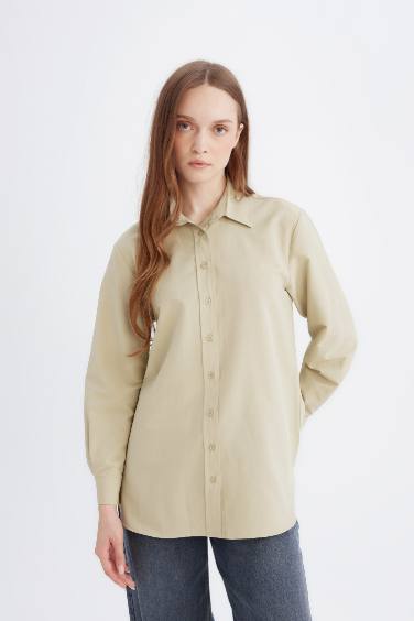 قميص سادة بوبلين ردن طويل قصة مريحة