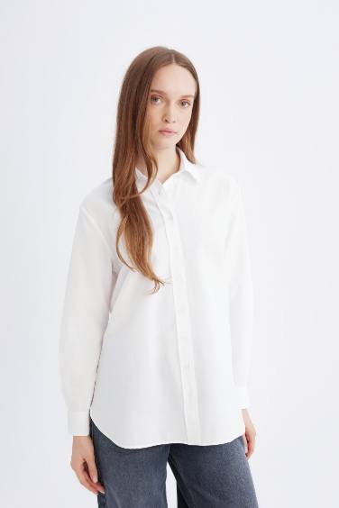 Relax Fit Poplin Long Sleeve White Shirt Tunic