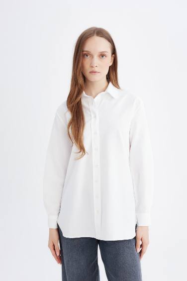 Relax Fit Basic Düz Poplin Uzun Kollu Gömlek Tunik