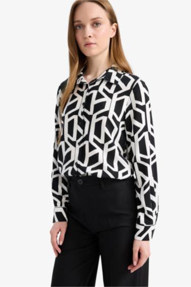 Relax Fit Viscose Shirt Collar Printed Long Sleeve Tunic