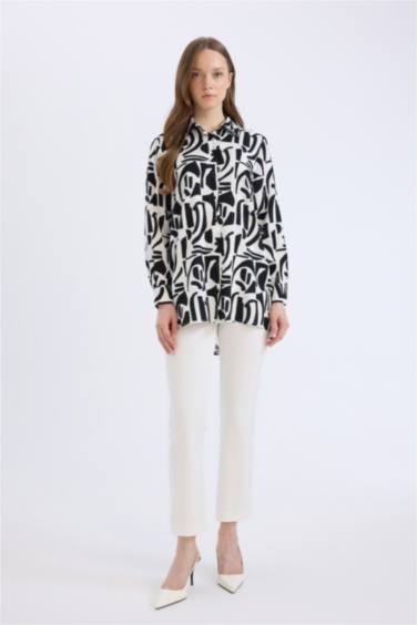 Relax Fit Viscose Shirt Collar Printed Long Sleeve Tunic