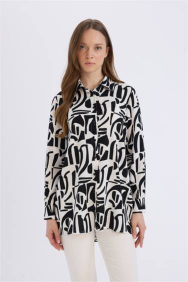 Relax Fit Viscose Shirt Collar Printed Long Sleeve Tunic