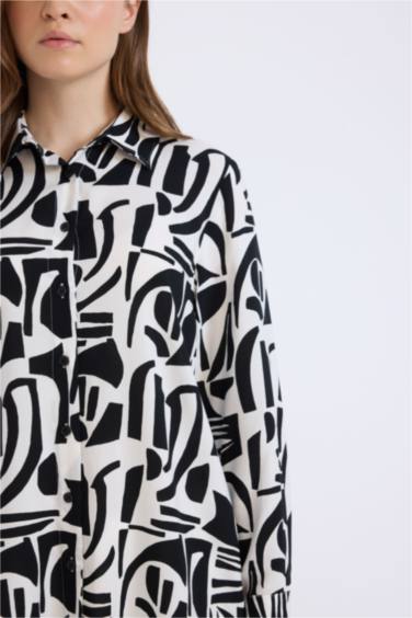 Relax Fit Viscose Shirt Collar Printed Long Sleeve Tunic