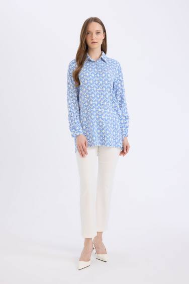 Relax Fit Viscose Shirt Collar Printed Long Sleeve Tunic