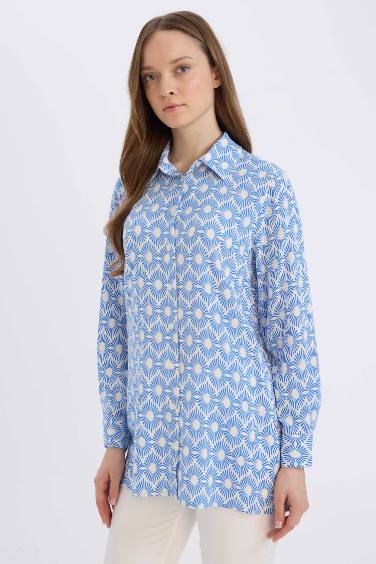 Relax Fit Viscose Shirt Collar Printed Long Sleeve Tunic