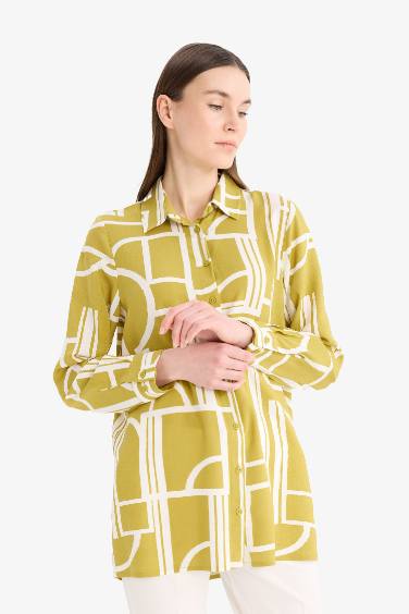 Relax Fit Viscose Shirt Collar Printed Long Sleeve Tunic