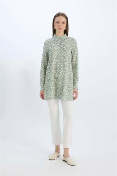 Relax Fit Viscose Shirt Collar Printed Long Sleeve Tunic