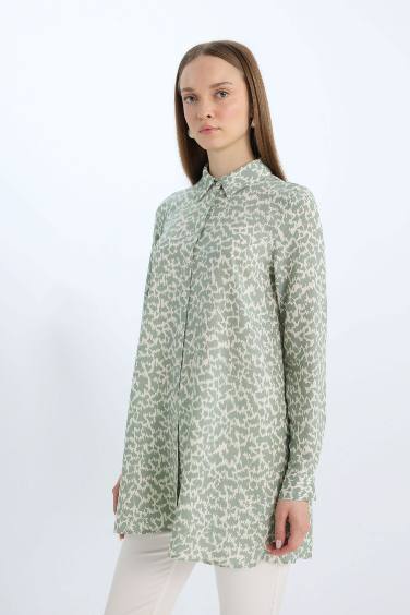 Relax Fit Viscose Shirt Collar Printed Long Sleeve Tunic