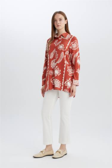 Relax Fit Viscose Shirt Collar Printed Long Sleeve Tunic