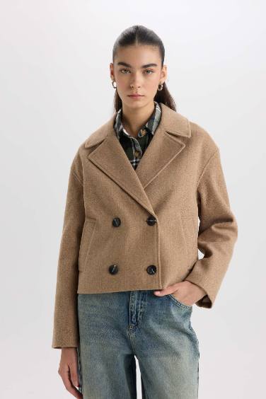 Regular Fit Smokin Yaka Düğmeli Cepli Kısa Kaşe Kaban