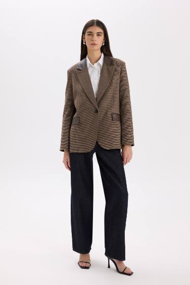 Oversize Geniş Kalıp Suni Deri Detaylı Blazer Ceket
