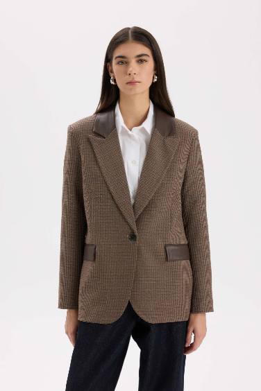 Oversize Geniş Kalıp Suni Deri Detaylı Blazer Ceket