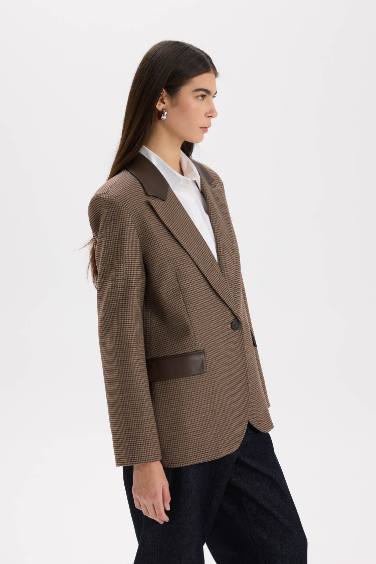 Oversize Geniş Kalıp Suni Deri Detaylı Blazer Ceket