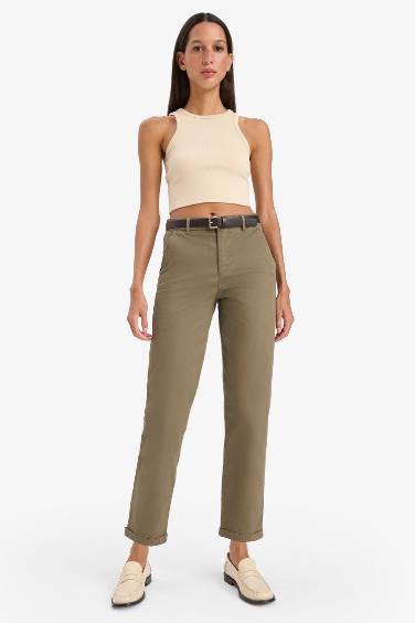 Carrot Fit Kemerli Gabardin Pantolon Cepli Yüksek Bel Düz Paça