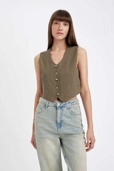 Regular Fit Blazer Yelek V Yaka Düğmeli Yelek