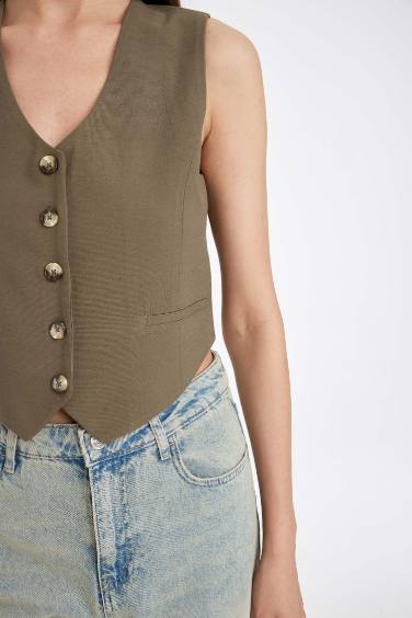 Regular Fit Blazer Yelek V Yaka Düğmeli Yelek