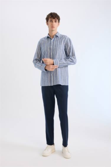 Regular Fit Polo Collar Striped Linen Long Sleeve Shirt