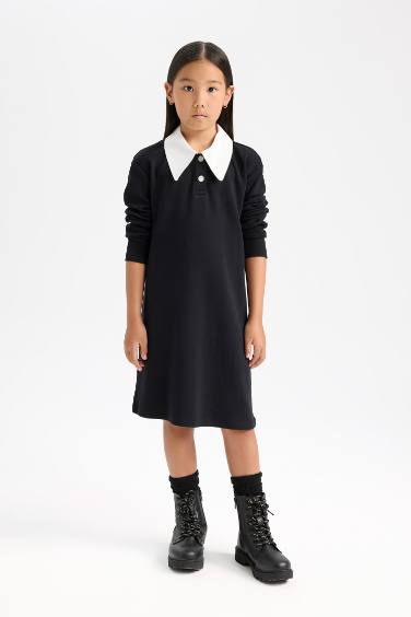 Girl Shirt Collar Basic Long Sleeve Black Dress