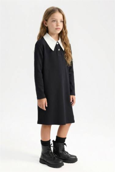 Kız Çocuk Gömlek Yaka Basic Düz Uzun Kollu Siyah Elbise