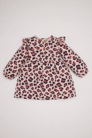 Baby Girl Crew Neck Buttoned Leopard Dress