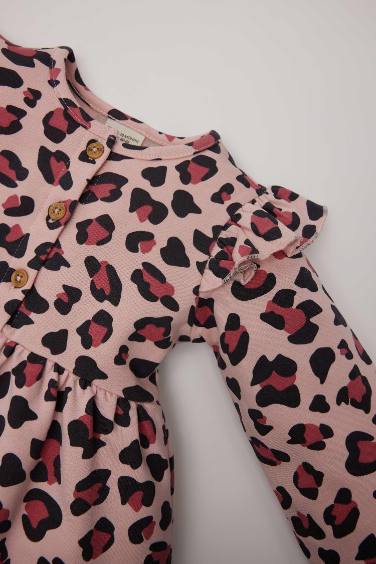 Baby Girl Crew Neck Buttoned Leopard Dress