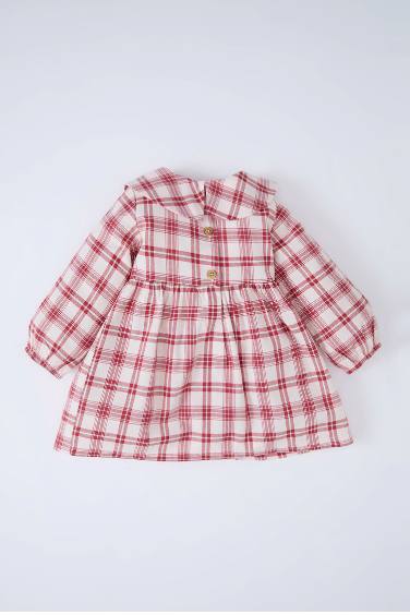 فستان بيبي بناتي كاروهات فلانيل كم طويل بياقة كبيرة