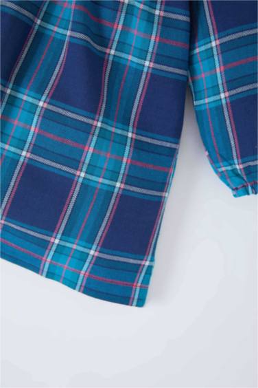 فستان بيبي بناتي كاروهات فلانيل كم طويل بياقة كبيرة