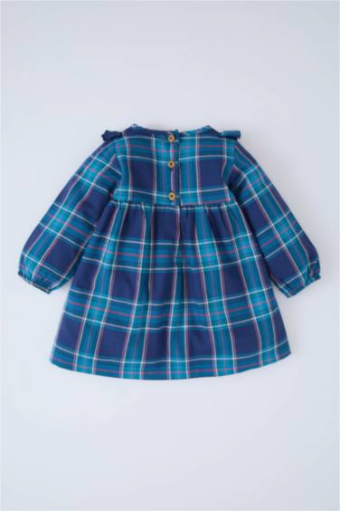 فستان بيبي بناتي كاروهات فلانيل كم طويل بياقة كبيرة