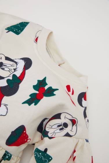 Kız Bebek Disney Mickey & Minnie Bisiklet Yaka Yılbaşı Temalı Uzun Kollu Elbise