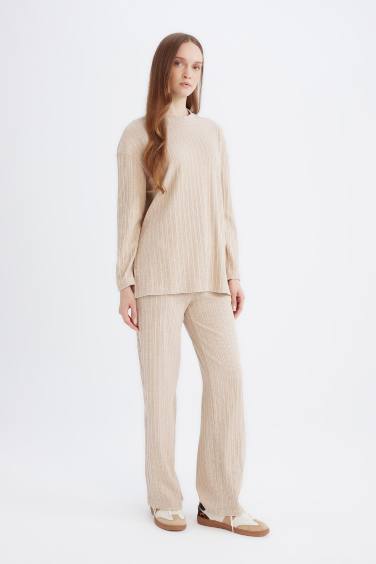 Regular Beli Lastikli Basic Düz Fit Fitilli Kaşkorse Geniş Paça Pantolon