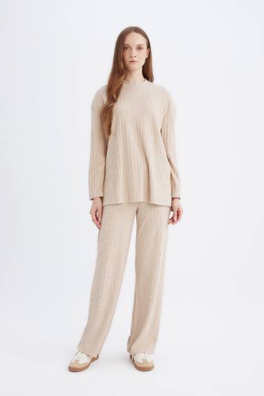 Regular Beli Lastikli Basic Düz Fit Fitilli Kaşkorse Geniş Paça Pantolon