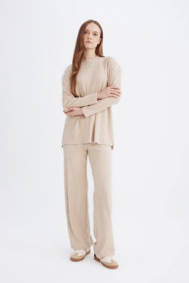 Regular Beli Lastikli Basic Düz Fit Fitilli Kaşkorse Geniş Paça Pantolon