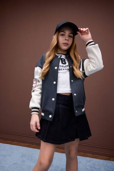 Girl Printed College Collar Soft Furry Inside Bomber Jacket