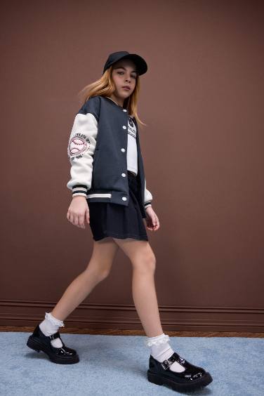 Kız Çocuk Baskılı Kolej Yaka İçi Yumuşak Tüylü Bomber Ceket