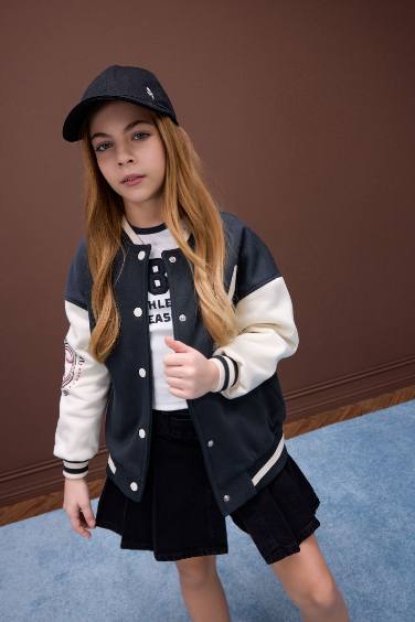 Kız Çocuk Baskılı Kolej Yaka İçi Yumuşak Tüylü Bomber Ceket