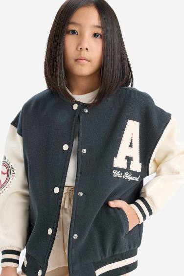 Kız Çocuk Baskılı Kolej Yaka İçi Yumuşak Tüylü Bomber Ceket