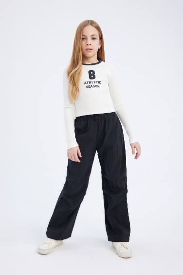 Kız Çocuk Slim Fit Dar Kesim Bisiklet Yaka Baskılı Uzun Kollu Tişört